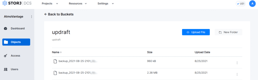 Storj bucket with backup files