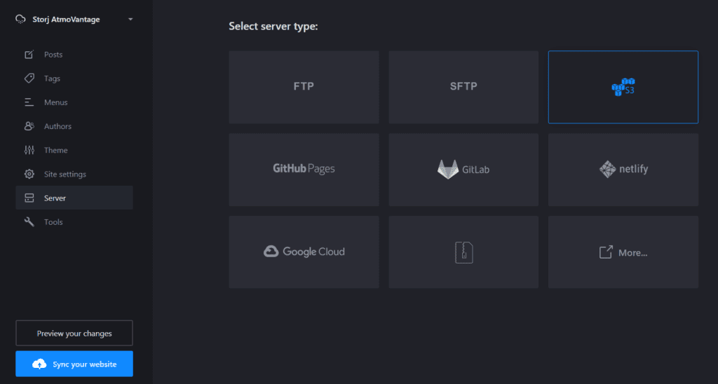 Publii Server Type S3 Compatible Storage